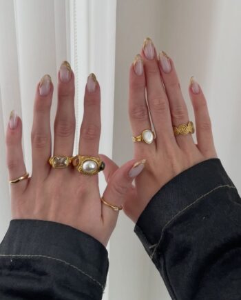 KING hringur með perlu og bleikum og grænum steini 18k gullhúðað stál